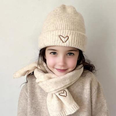 2-teiliges/Set Strickmütze Schal Set Herz Stickmuster Kinder Randlose Mütze Langer Schal Set Weich Atmungsaktiv Winter Accessoire