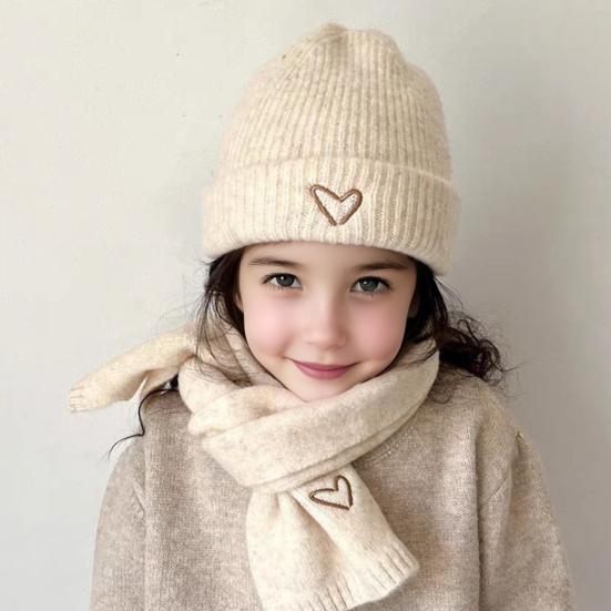 2Pcs/Set Kids Hat Scarf Set Solid Color Heart Pattern Thickened Warm Knitting Hat Long Scarf Set Elastic Fit Winter Wear