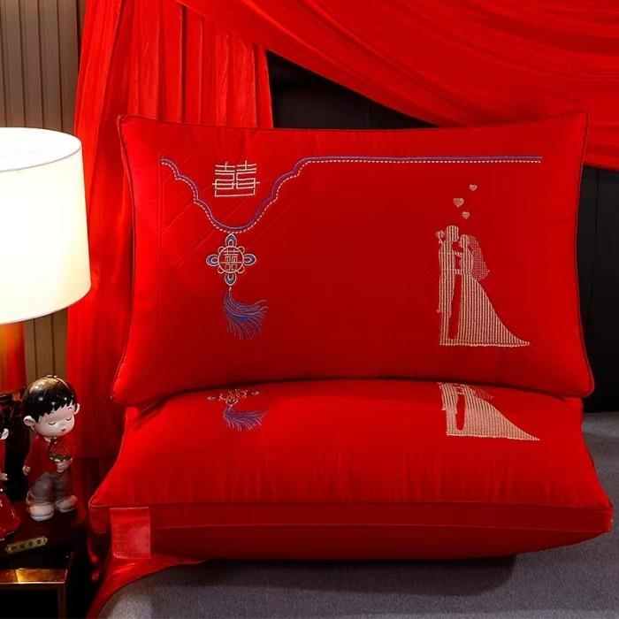 High-end Pillow Core 100% Cotton Big Red Wedding Celebration Newlywed Household Pair of Pure Cotton Pillow Wedding Pillow Core Wedding Room