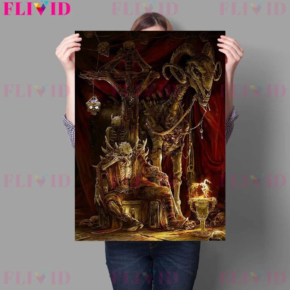 Gothic Dark Terror Girl and Terrifying Devil Retro Mural Oil Painting Decoration Crow House Wizard Poster