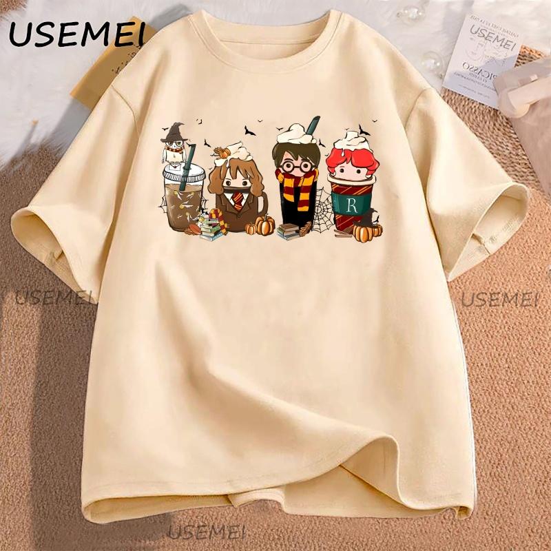 Cute Coffee Characters TShirt Women Men Aesthetic Tee Pumpkin Fall T Shirt Cotton Short Sleeve  Aesthetic High Quality Tees
