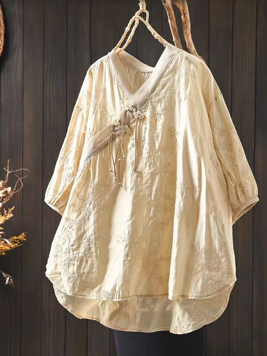 

Johnature Женские рубашки в китайском стиле Жаккардовые винтажные блузки Весенние V-образные вырезы Длинные рукава Женские мягкие топы One Size бежевый