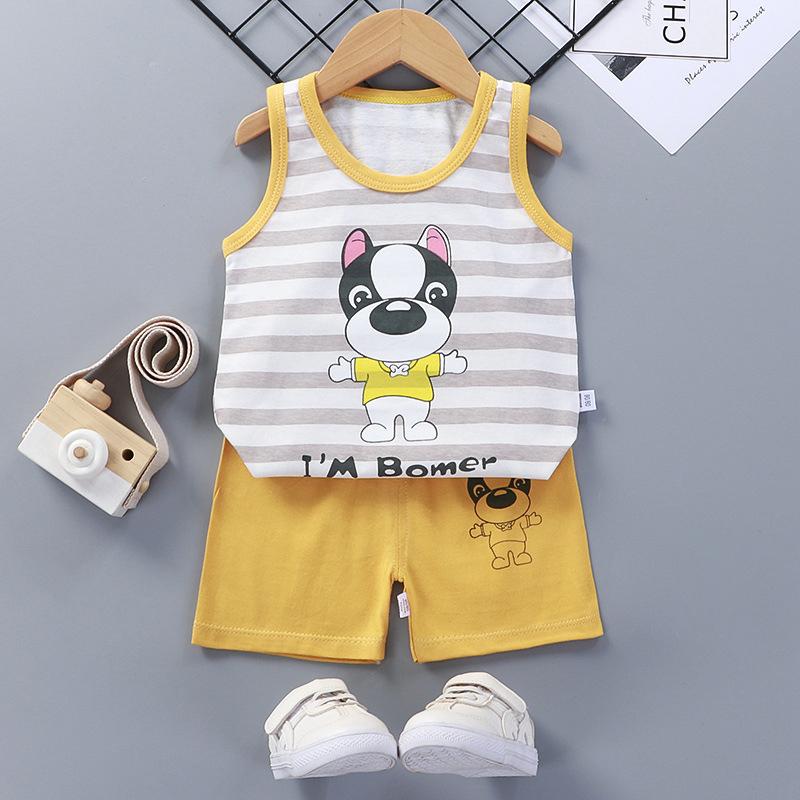 Summer Kids Non Sleeve O Neck Vest Pants Set Casual Baggy 2pcs Suit Cotton Cartoon Printes Outfit