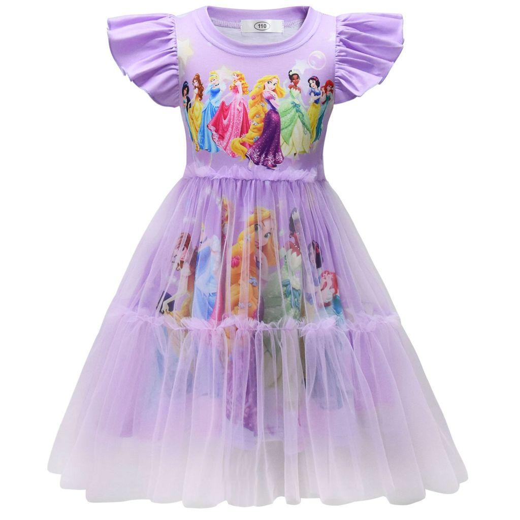 98023 Kids Girls Princess Print Round Neck Mesh Dress 110 фиолетовый