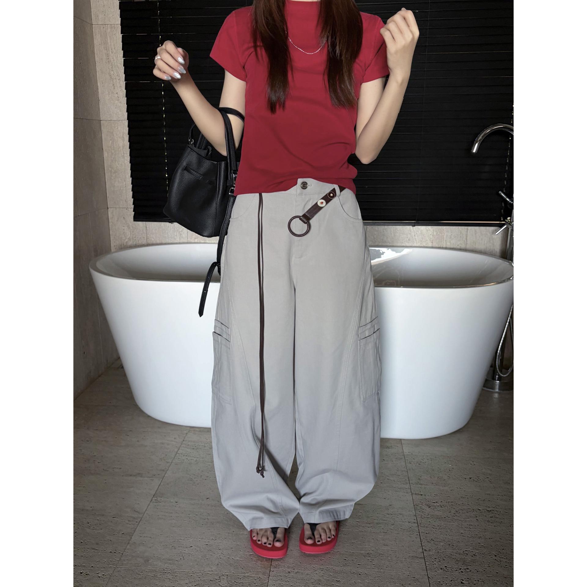 

Women s Cocoon Shape Wide Leg Pants with Contrasting Waist Rope - New Spring Style Extra Large серебряный серый