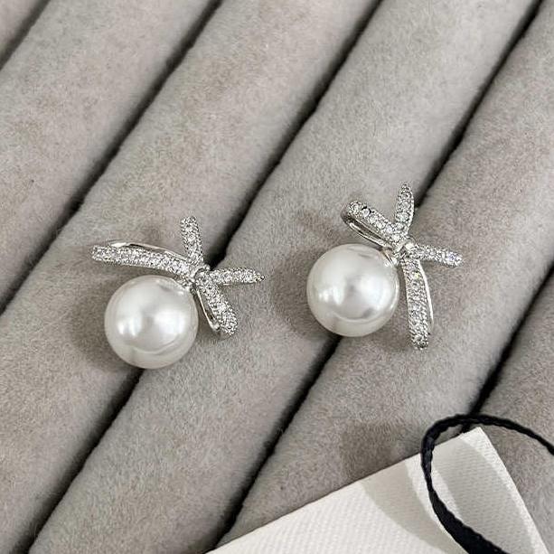 PONYKISS  Sterling Silver Zircon Pearl Bowknot Stud Earrings for Women Minimalist Cute Fine  Light Luxury Accessories