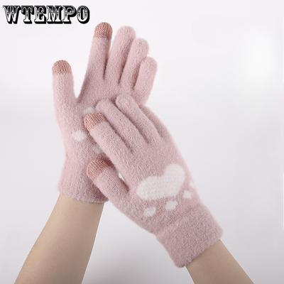 Warm Touch Screen Gloves Women's Autumn and Winter Gloves Thick Velvet Gloves Cold Resistant Gloves Cute Cat Paw Knitted Gloves