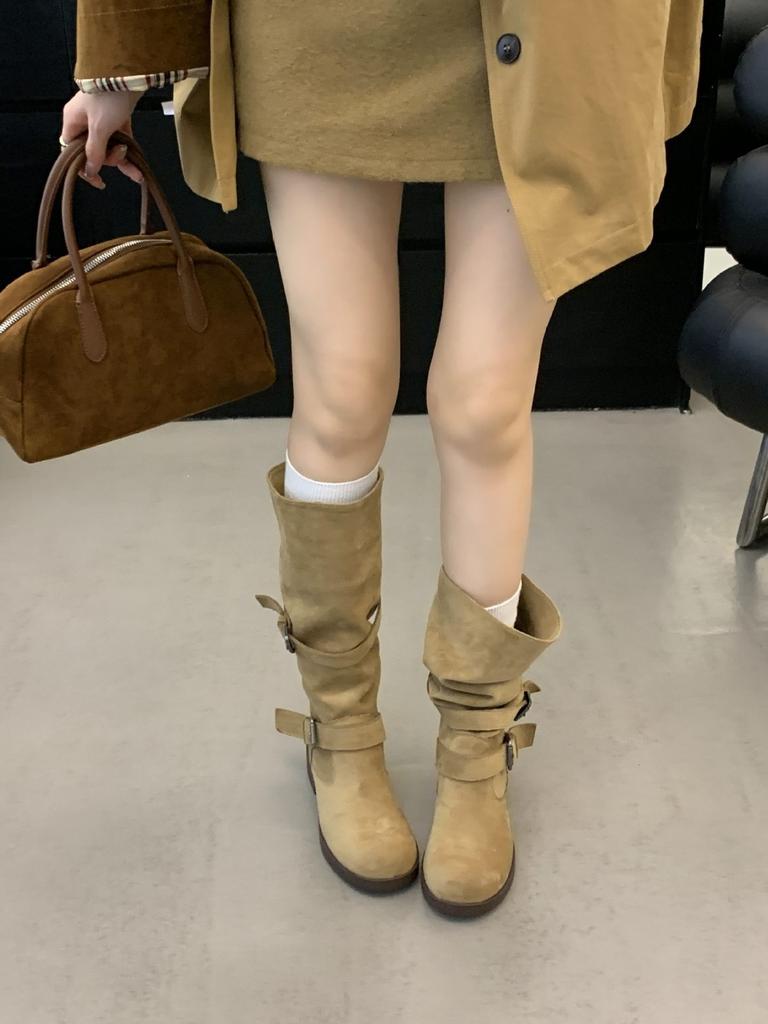 Belt Buckle Stack Boots Thick Heel 2025 Autumn and Winter Retro High Boots Korean Version Boots Niche Tooling Boots Women