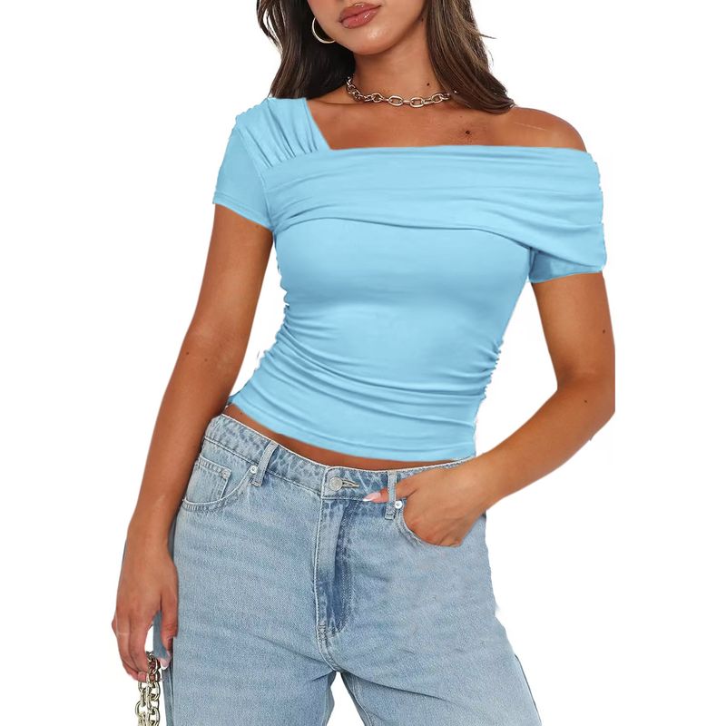 

Solid Color off-the-Shoulder Short-Sleeve Shirt Solid off-Shoulder Short sleeve Lake Blue M