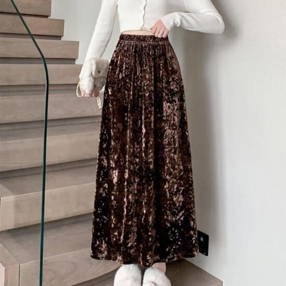 Navava Women Velvet Crush Banded Long Skirt Ns487