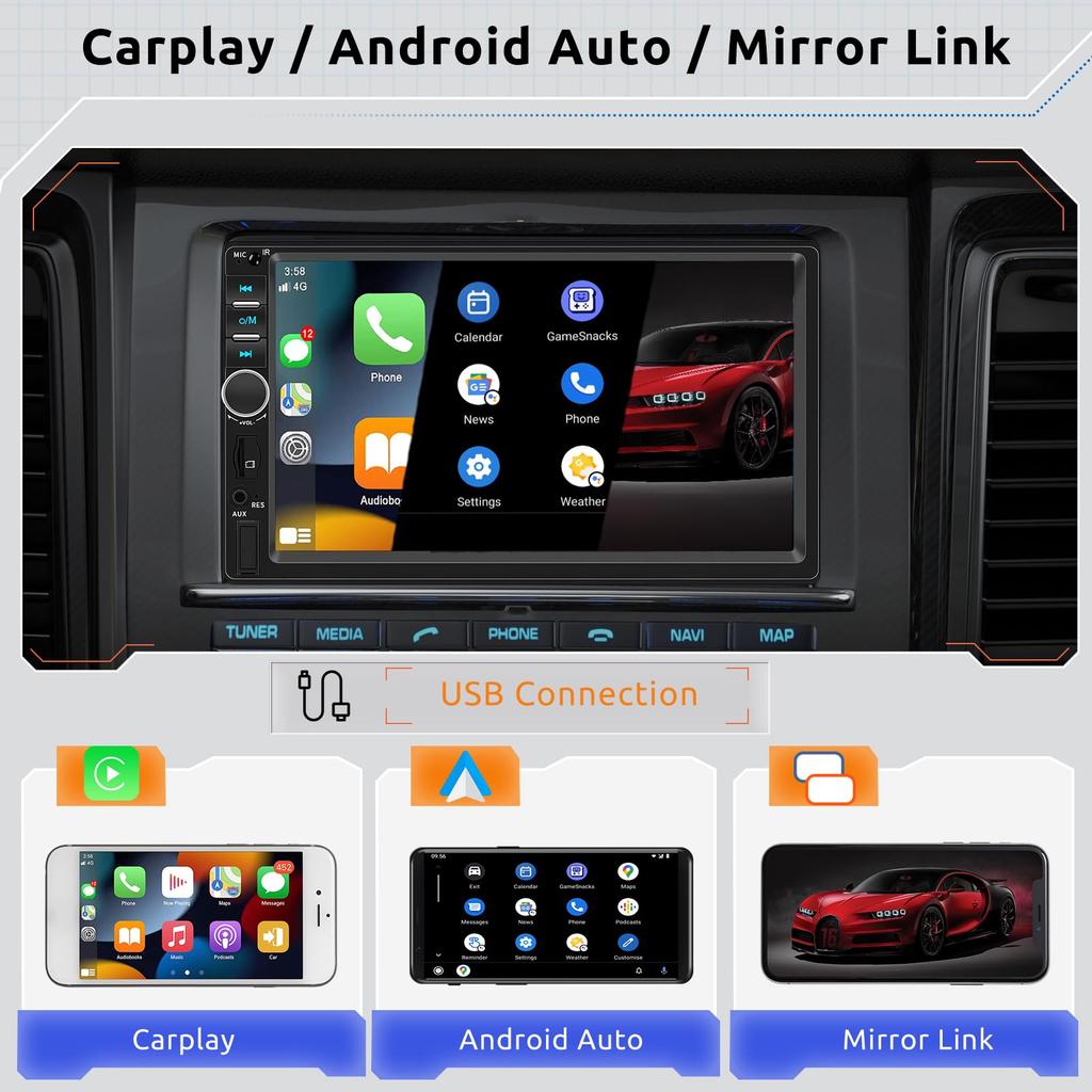 Hodozzy 2-Din Car Stereo with CarPlay, Android Auto, Bluetooth, 7-inch Screen, 2-Din Bluetooth, Mirror Link, SWC, FM EQ, USB AUX, Dual Din Car Radio