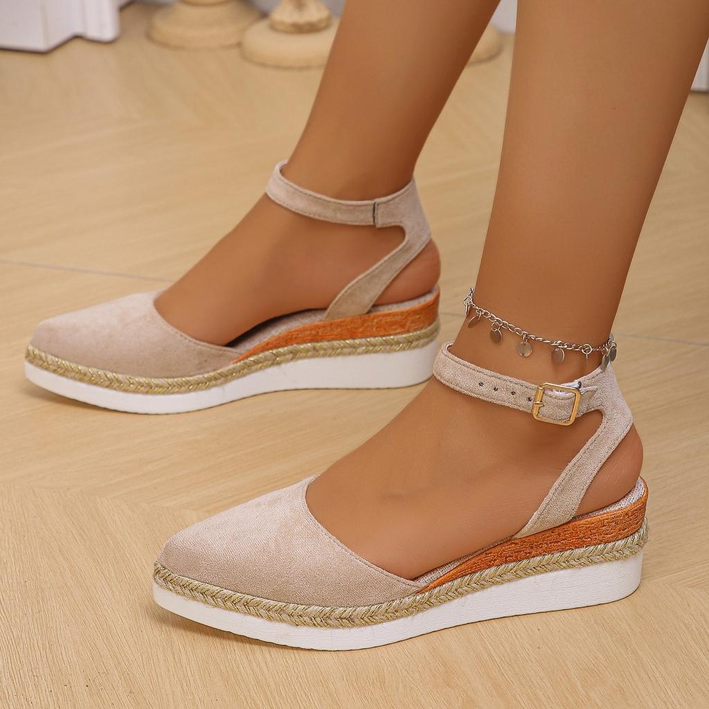 2025 Women's Slingback Sandals Solid Color Pointed Toe Wedge Sandals Breathable Ankle Buckle Casual Comfortable Shoes for Women