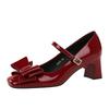 French Banquet Bow Patent Leather Thick Heel Mary Jane Women's Shoes Square Toe Strap Light Mouth Single Shoes For Women New