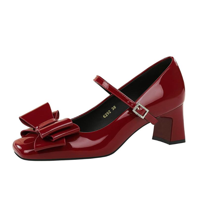 French Banquet Bow Patent Leather Thick Heel Mary Jane Women's Shoes Square Toe Strap Light Mouth Single Shoes For Women New