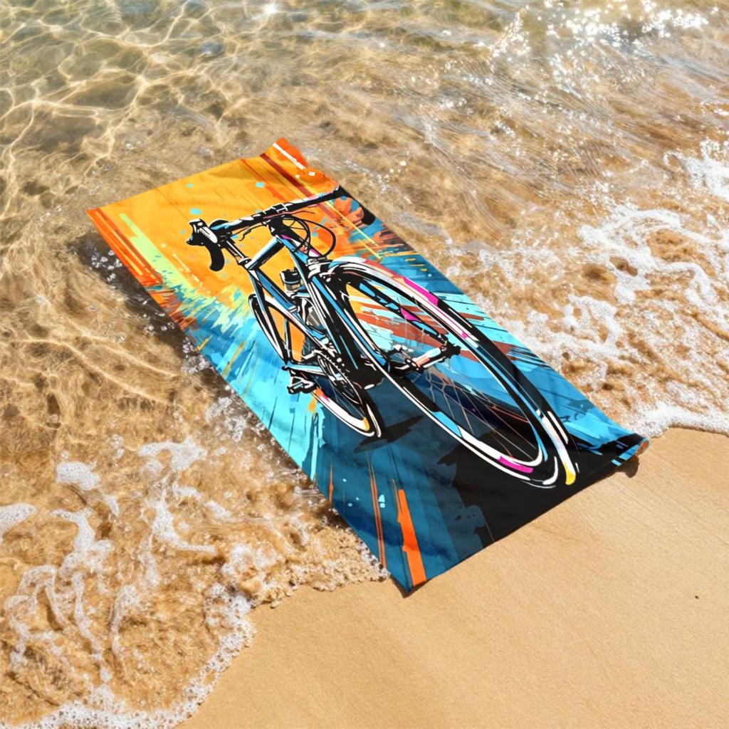Road Cycling Graffiti Art Style Polyester Microfiber Beach Towel Is Highly Absorbent, Suitable for Swimming and Beach Outings