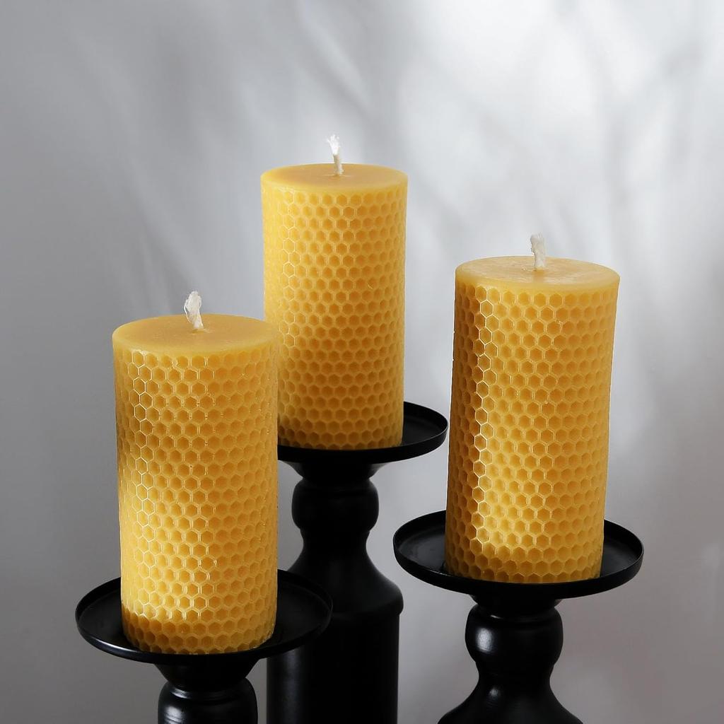 Pure Natural Beeswax Pillar Candles Bulk - Pack of 6 - Honeycomb Surface, No Scent- for Emergency/Prayer/Relax (2inch Diameter, 4 Inch Tall - Yellow)