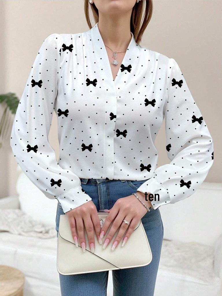 Elegant Polka Dot Bow Print V-Neck Long Sleeve Women's Shirt