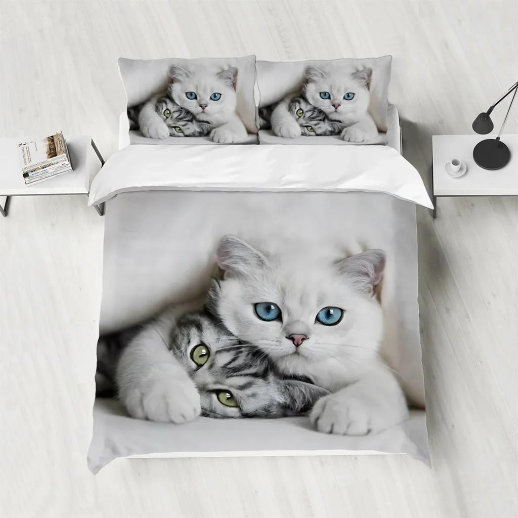 3-piece Set of Cute Cat Printed Bedding, Suitable for Bedrooms and Guest Rooms (1* Quilt Cover + 2* Pillowcase, Coreless)