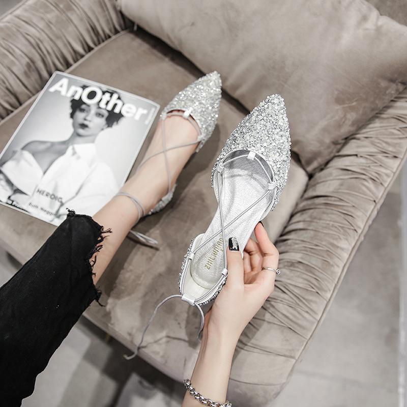 Fashion 2025 Women Luxury Rhinestone Ballet Flats Cross-Tied Lace Up Flat Shoes Woman Crystal D'orsay Wedding Shoes Glitter Sliver Mules