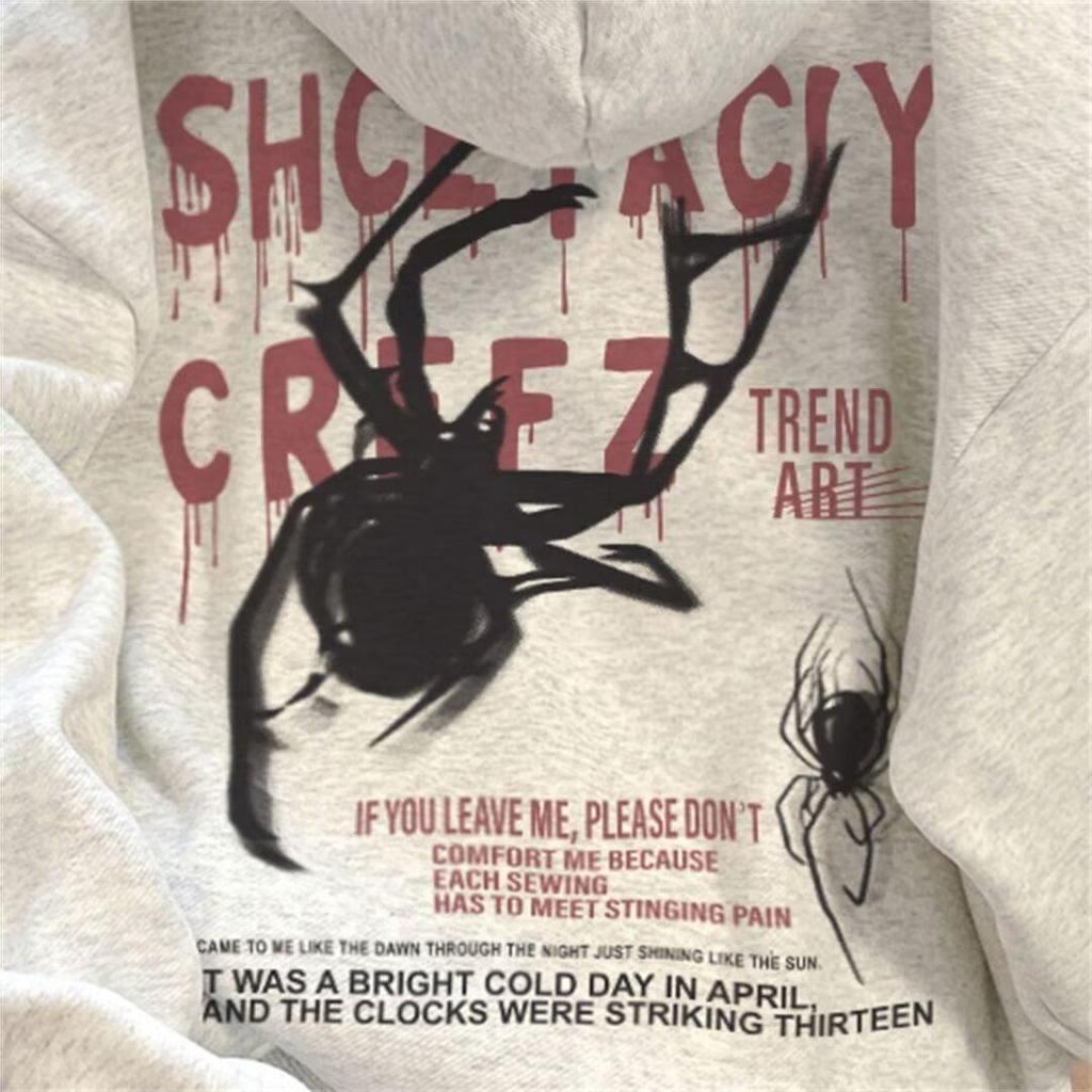Men's Trendy Spider Print Velvet Hoodie - Autumn/Winter Loose Fit, High-End Feel, Couple's Outerwear.