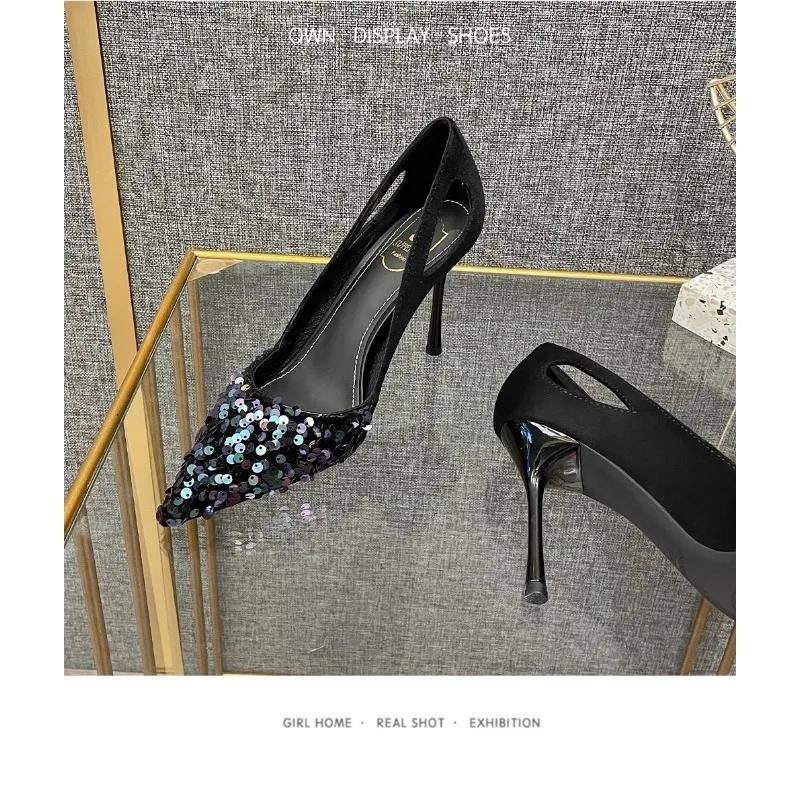 Fashion Rhinestone Sequins Banquet High-heeled Shoes Women Black Temperament Hollow Shallow Mouth Pointed Fine Heel Zapatos De Mujer