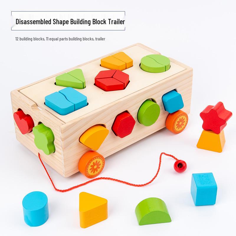 Kids' Wooden Geometric Shape Puzzle & Educational Toy Car with Orchard Picking, Carrot Pulling, and Fishing Game
