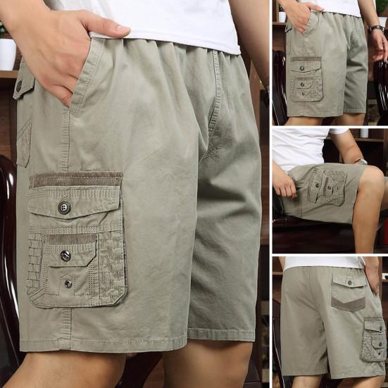 Sommer Herren Casual Shorts Locker Elastischer Bund Verstellbarer Kordelzug Mehrere Taschen Kurze Hosen Mittelalterlicher Mann Knielang Sporthose