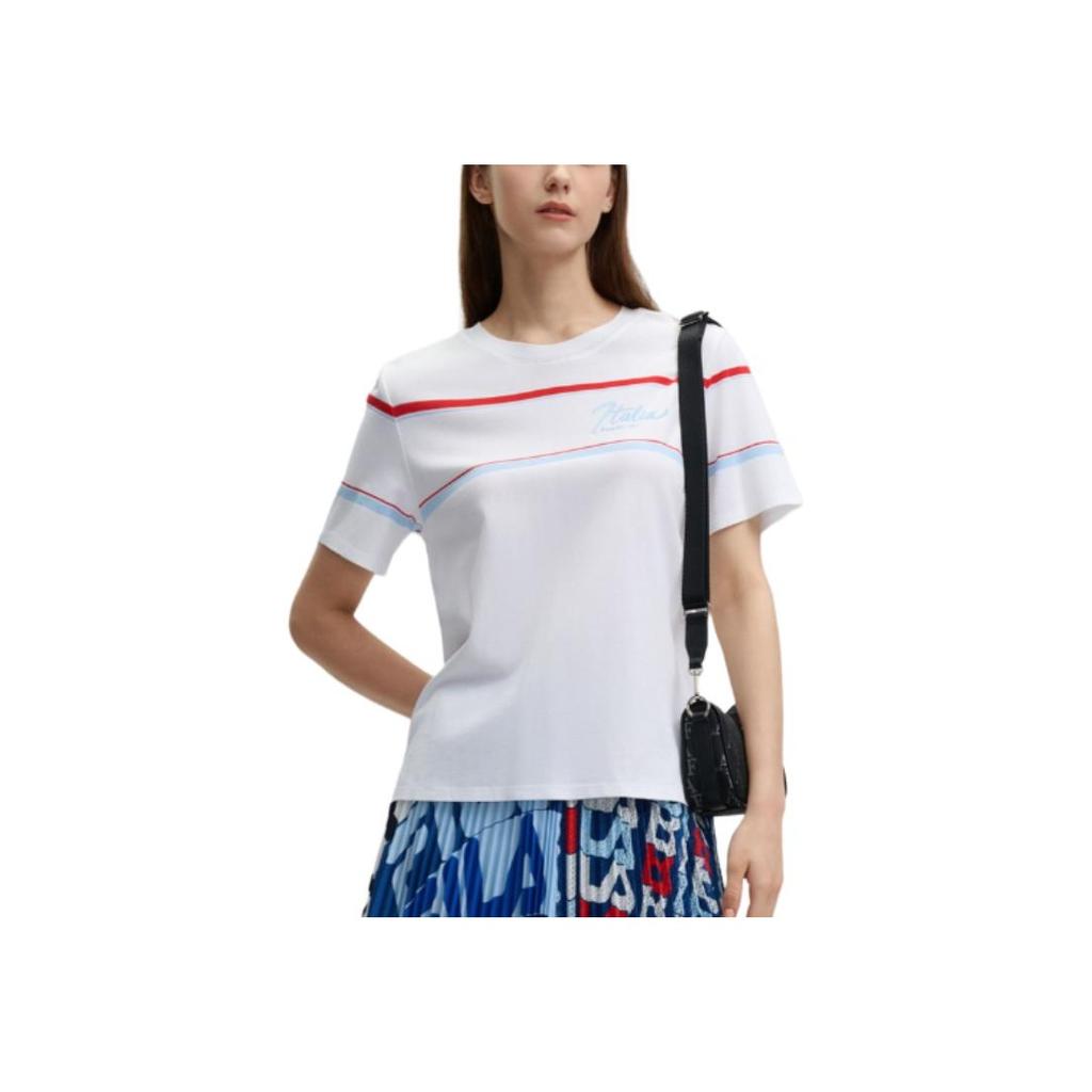 Fila Emerald Series Striped Round Neck Casual Letter Short Sleeve T-Shirt Women T-Shirts White F11W434105F-WT