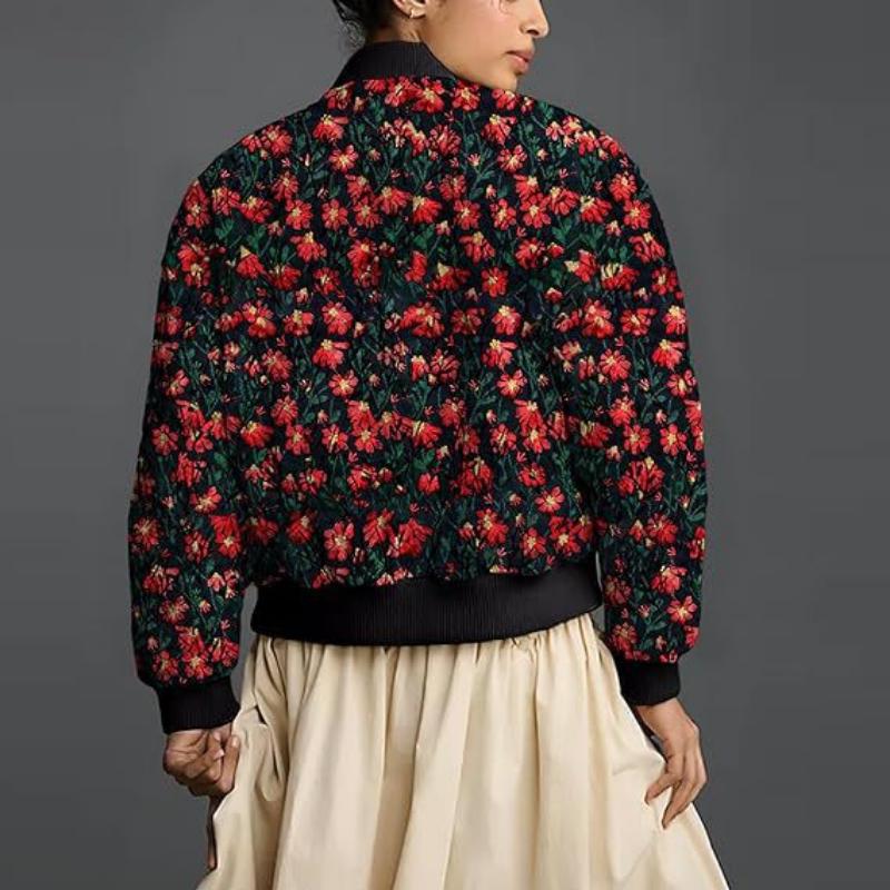 Women's Embroidered Daisy Cropped Bomber Jacket Long Sleeve Quilted Puffer Jackets Padded Coat Outerwear