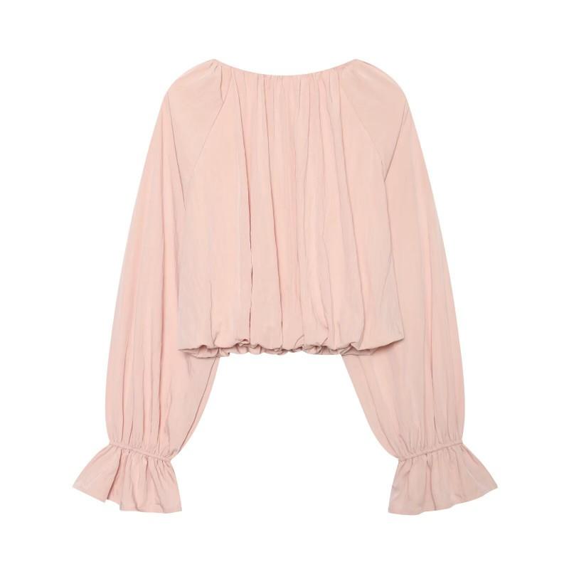 Womens Loose Fit Short Cropped Blouse With Ruched Lantern Sleeves Pure Color Office Chic Top