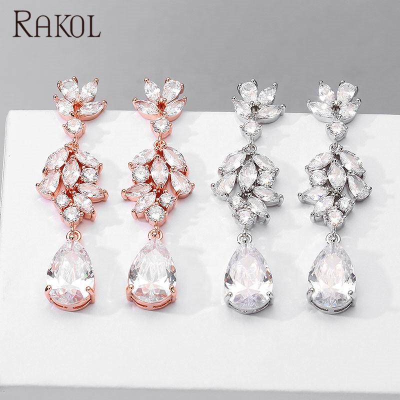 RAKOL  EP5116  New Arrival  Silver Plated Earrings Waterdrop Copper with Zircon Earrings for Women Flower Clear Water Drop Ear