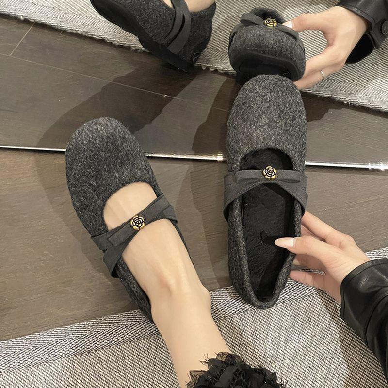 Autumn And Winter Retro Velvet Soft Soled Women's Shoes With Bow Tie Single Shoes