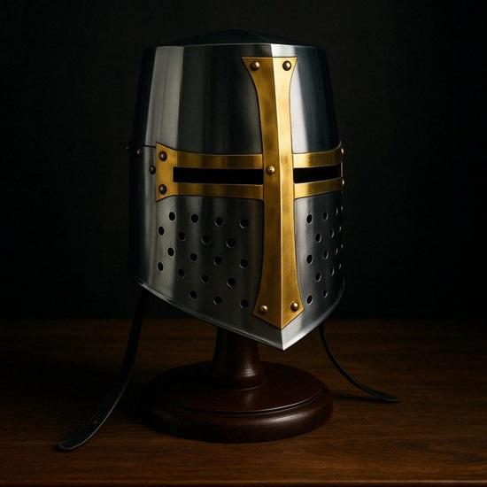 Crusader Great Helm Medieval Knight Helmet  Templar Helmet with Brass Cross  18 Gauge Steel Armor  LARP Cosplay Collectible