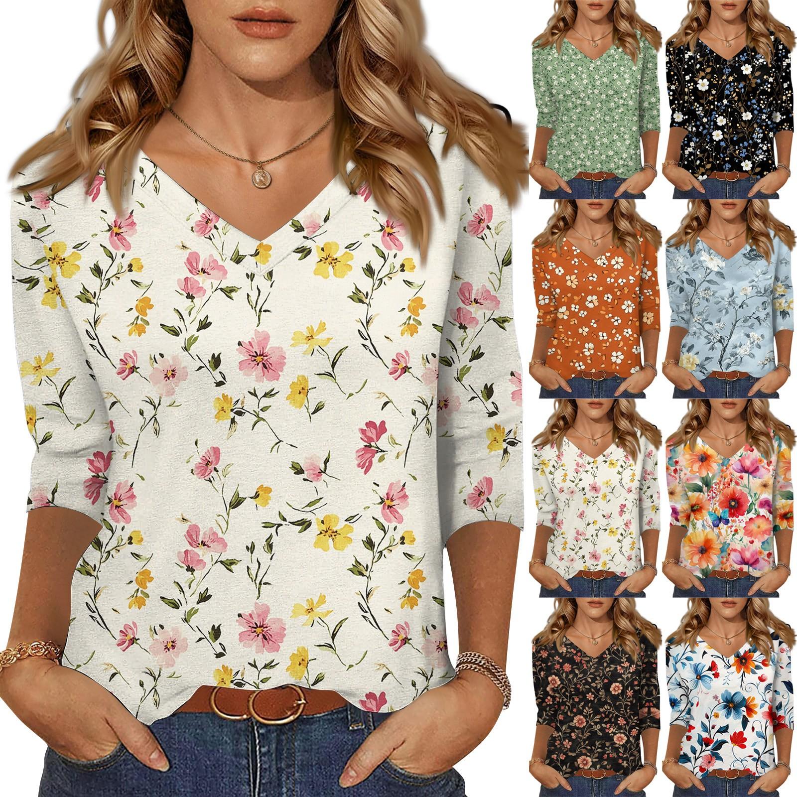 

3/4 Sleeve Shirts For Women Cute Print Graphic Tees Blouses Casual Plus Size Basic Tops Pullover S зелений