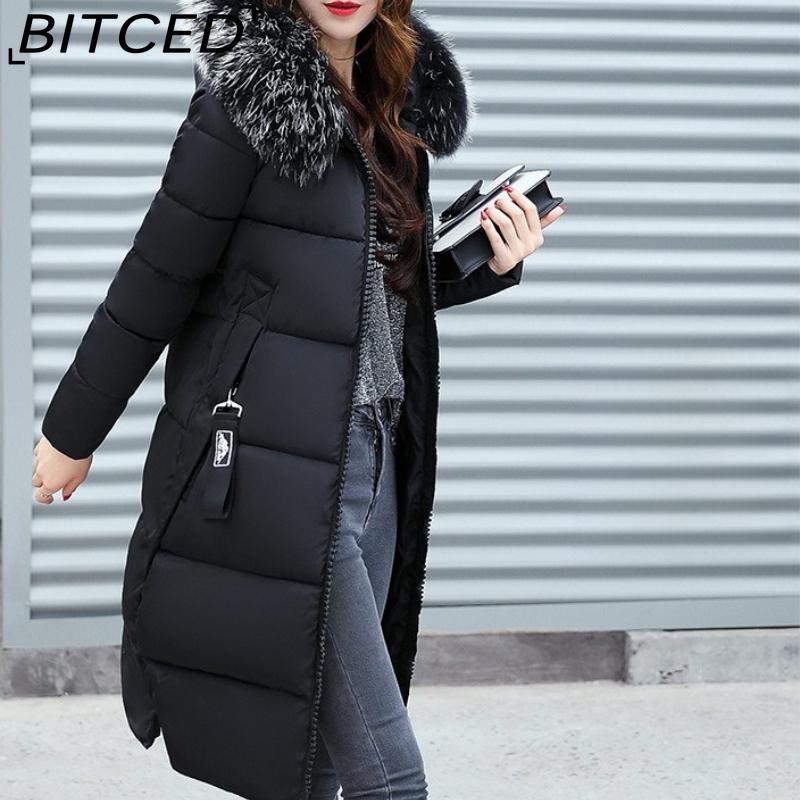 BITCED Autumn/Winter Women's Long-Length Cotton Coat with Hood and Large Fur Collar Down-Filled Cotton-Blend Padded Jacket
