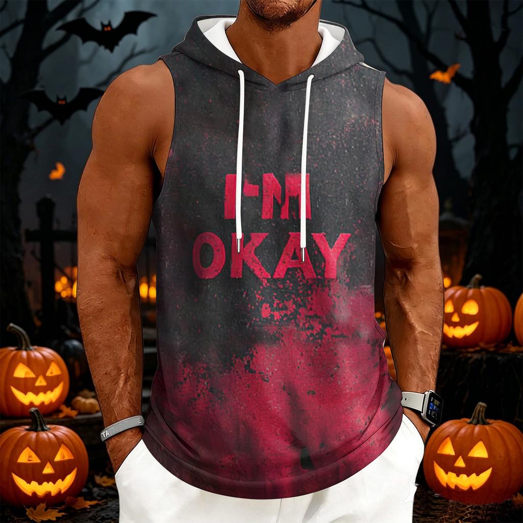 Men's Halloween Printed Hooded Sleeveless Drawstring Vest Casual Top