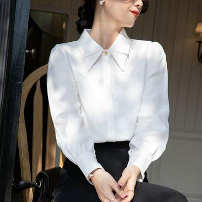 Weißes Langarmshirt Damen Frühling Vielseitiges Oberteil mit Puffärmeln