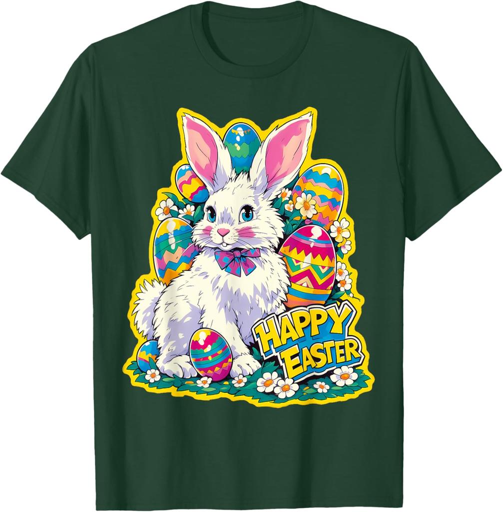 Happy Easter Bunny Floral Eggs Graphic Tee Soft Cotton Casual Short Sleeve T-Shirt