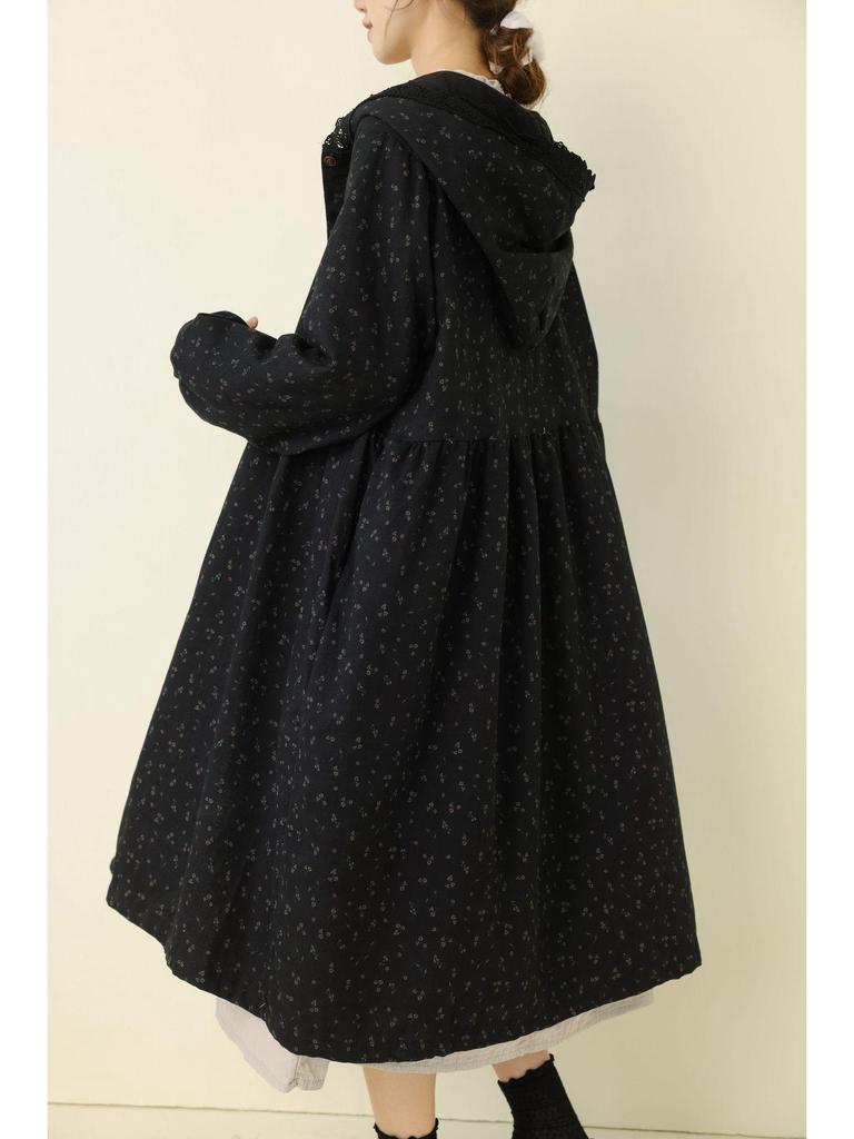 Herbst/Winter Floral Mori Stil Kapuzen Baumwolle Leinen Kleid Mantel für Damen