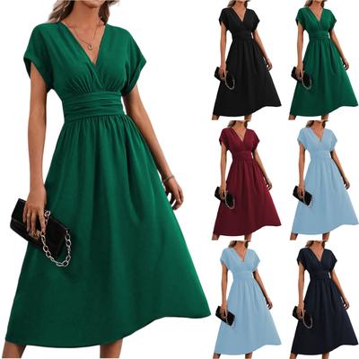 Damen Locker Lässig Einfarbig V-Ausschnitt Taille Plissiert Langes Kleid Taille Plissiert Langes Kleid