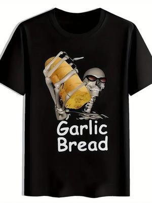 Men's Black Graphic Tee - Funny ''GARlic BREAD'' Skeleton Design, Casual Round Nec