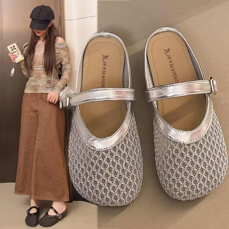 Hollow bag head half slippers women's 2025 summer new belt buckle comfortable versatile temperament women's flat bottom cool slippers