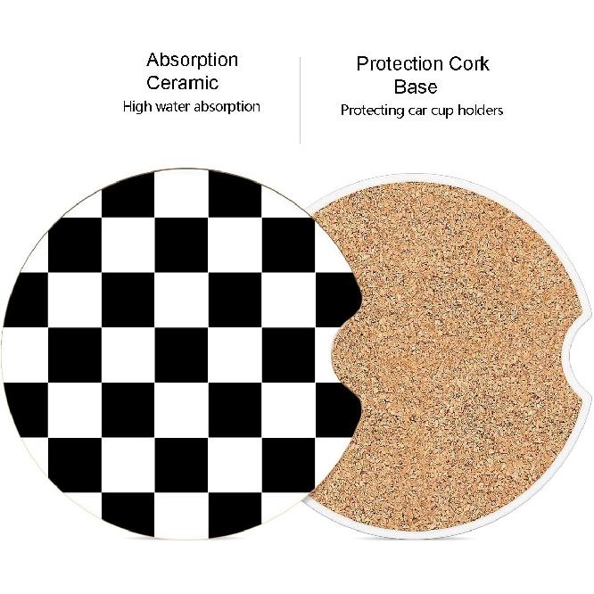 Black Checkerboard Ceramic Car Coasters – Absorbent Car Cup Holder Coaster Set for Women & Men, Cool Aesthetic Car Accessories, 2 Pack