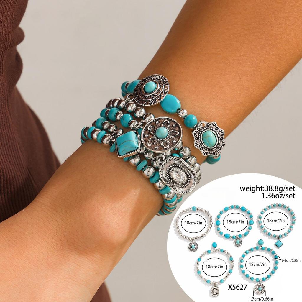 Women Beaded Bracelet Vintage Boho Style Handmade Leather Stretch Bracelet Fashion Vacation Men Accessories 5-piece Set