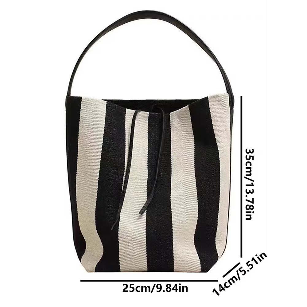 Drawstring Black White Stripe Bag Pattern Wide Straps Bucket Bag Stripe Canvas Handbag Autumn