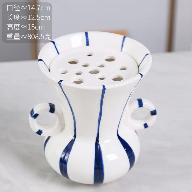 European Hand Painted Striped Ceramic Vase French Light Luxury Living Room Decor