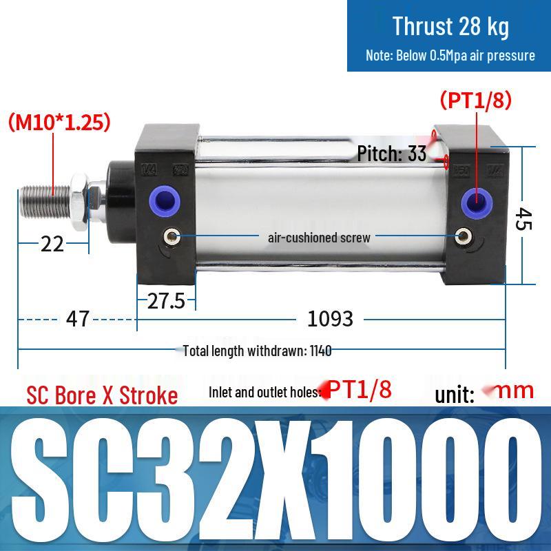 SC63 High Thrust Small Pneumatic Cylinder, Model SC40/50/80/100*125X150X200X500-S