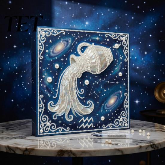 Adults Faux Pearl Painting Kit DIY Kit, 12 Constellation Rhinestone Art Set for Beginners Beginners, Handmade Wooden Frame Fake Wall Decoration