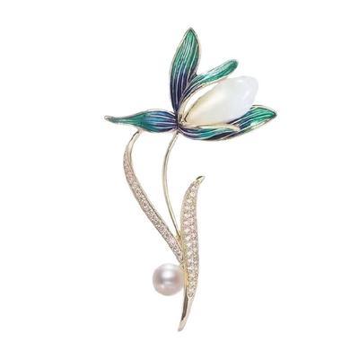 Elegant Magnolia Flower Brooch Metal Pearls Embellished Women Accessory Practical Flower Badge Alloy Texture for Daily