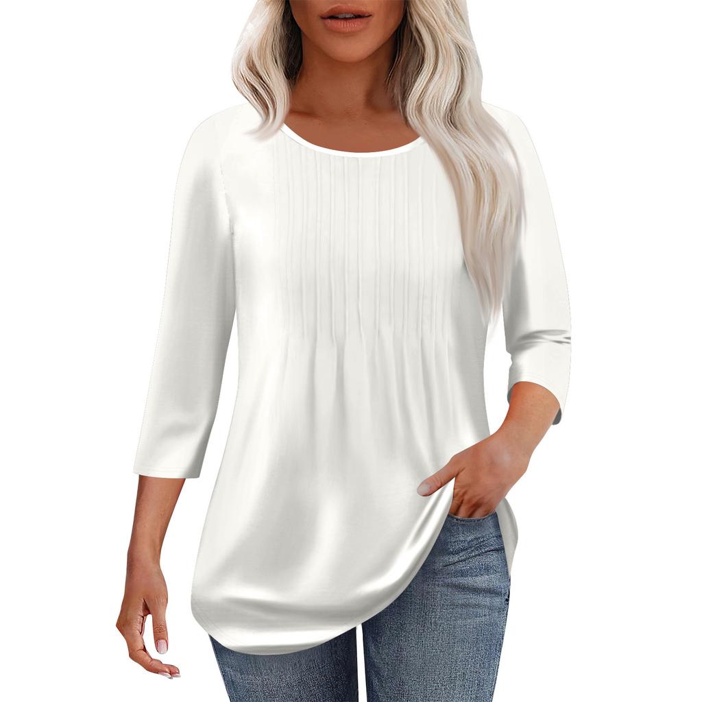 Modisches lässiges Damen-T-Shirt-Oberteil mit Rundhalsausschnitt, Falten und Sieben-Viertel-Ärmeln in Farbe